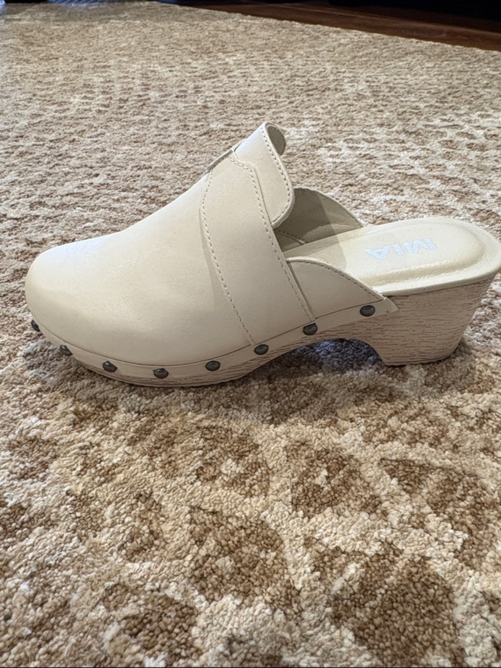 MIA Cream Leather Studded Clog Mules